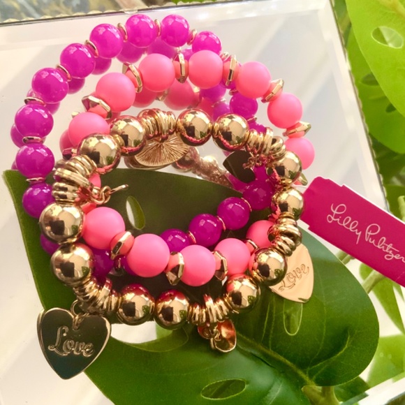 LILLY PULITZER NWT Bracelet Set  🩷 PINK LOVE HEART CHARM TRIO STRETCH /BEADED… - Picture 10 of 12
